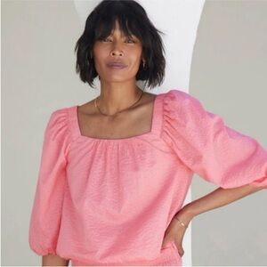 AYR | Midsummer Puff Blouse in Melon Pink Size Small Japanese Crinkle Cotton Top